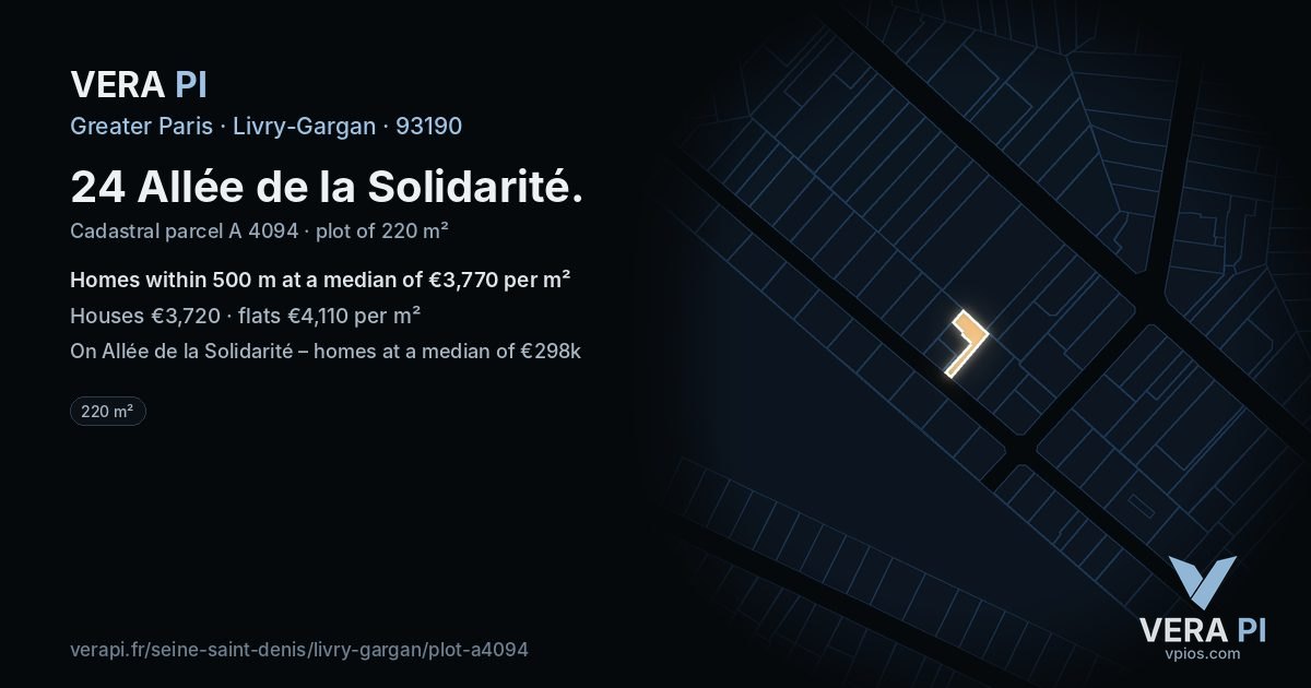 24 Allée de la Solidarité, Livry-Gargan at night – the plot lit, the parcels around coloured by the prices near them