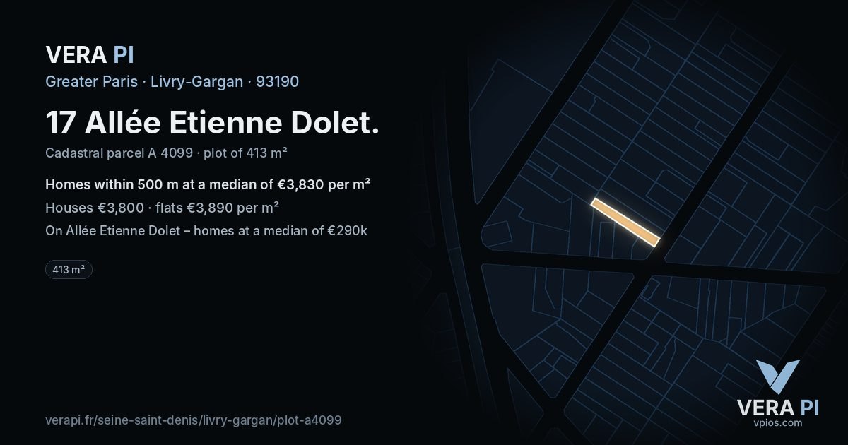 17 Allée Etienne Dolet, Livry-Gargan at night – the plot lit, the parcels around coloured by the prices near them
