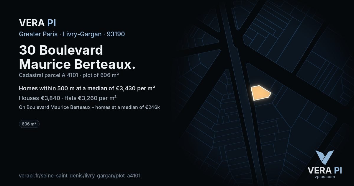 30 Boulevard Maurice Berteaux, Livry-Gargan at night – the plot lit, the parcels around coloured by the prices near them