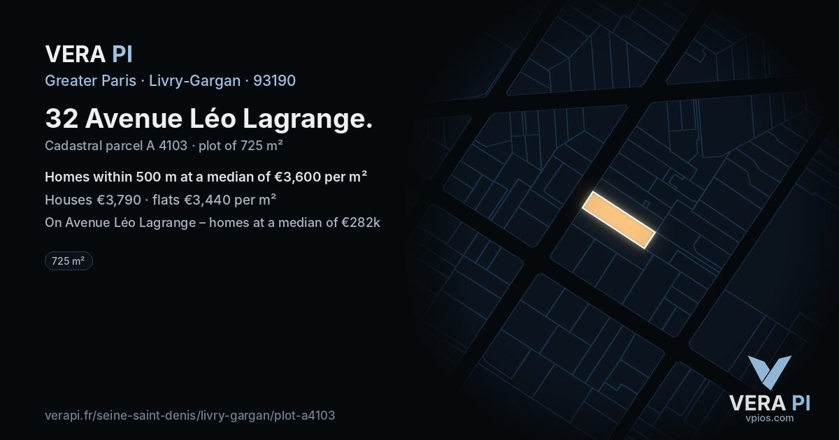 32 Avenue Léo Lagrange, Livry-Gargan at night – the plot lit, the parcels around coloured by the prices near them