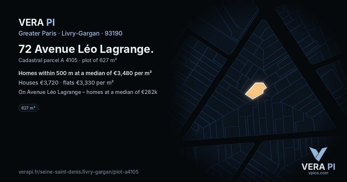 72 Avenue Léo Lagrange, Livry-Gargan at night – the plot lit, the parcels around coloured by the prices near them