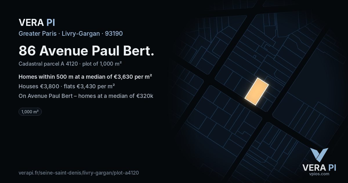 86 Avenue Paul Bert, Livry-Gargan at night – the plot lit, the parcels around coloured by the prices near them
