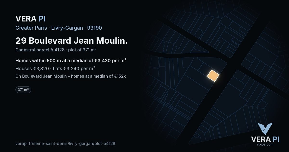 29 Boulevard Jean Moulin, Livry-Gargan at night – the plot lit, the parcels around coloured by the prices near them