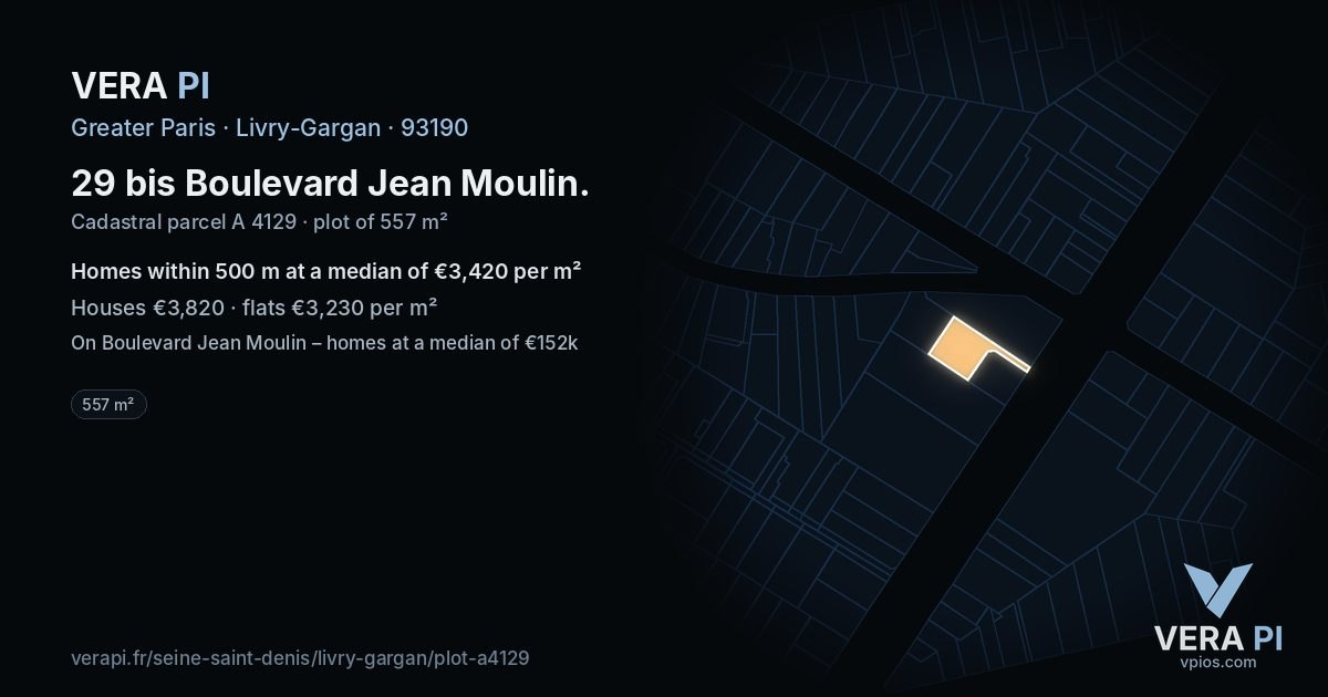 29 bis Boulevard Jean Moulin, Livry-Gargan at night – the plot lit, the parcels around coloured by the prices near them