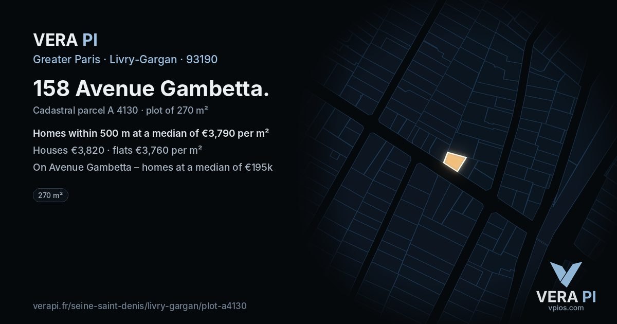 158 Avenue Gambetta, Livry-Gargan at night – the plot lit, the parcels around coloured by the prices near them