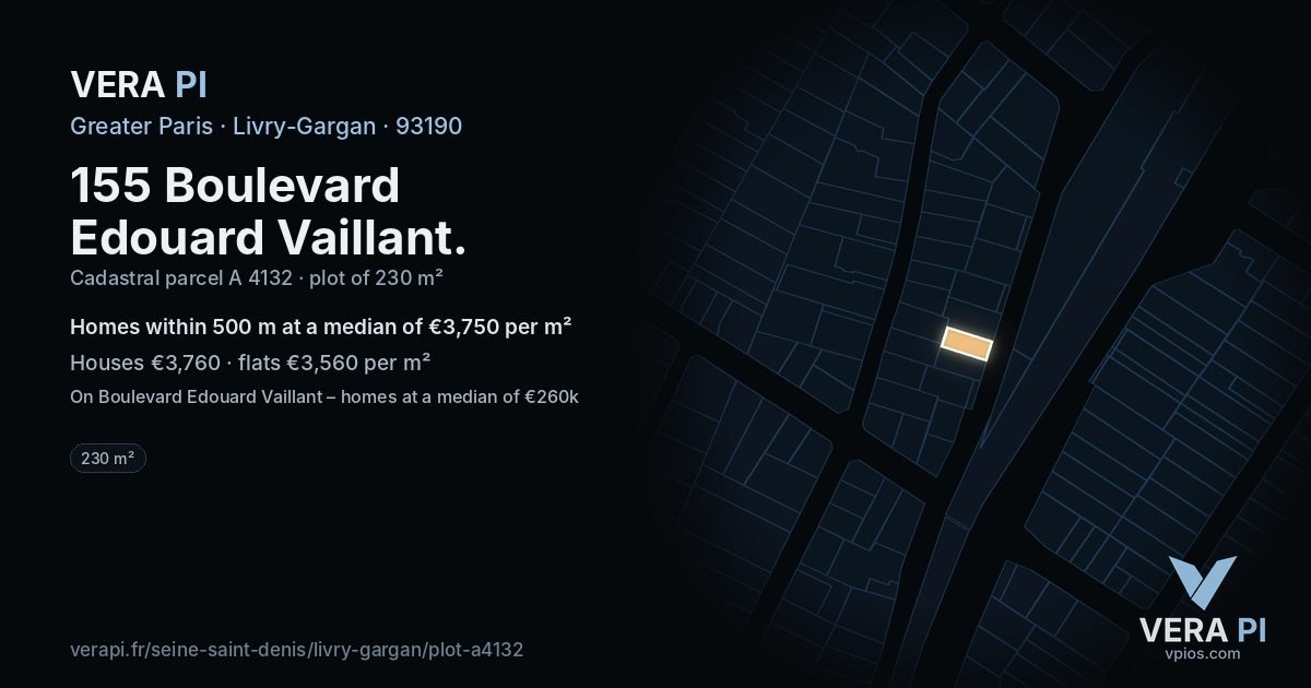 155 Boulevard Edouard Vaillant, Livry-Gargan at night – the plot lit, the parcels around coloured by the prices near them
