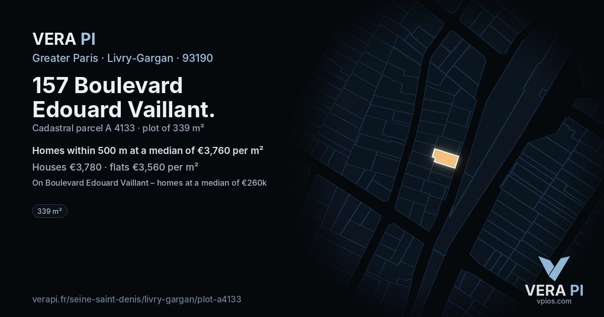 157 Boulevard Edouard Vaillant, Livry-Gargan at night – the plot lit, the parcels around coloured by the prices near them