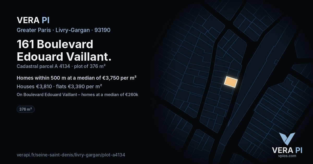 161 Boulevard Edouard Vaillant, Livry-Gargan at night – the plot lit, the parcels around coloured by the prices near them