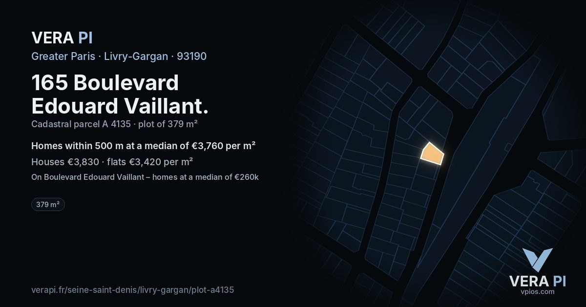 165 Boulevard Edouard Vaillant, Livry-Gargan at night – the plot lit, the parcels around coloured by the prices near them