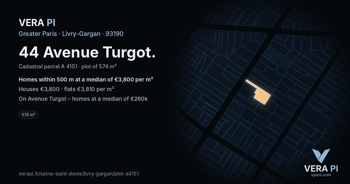 44 Avenue Turgot, Livry-Gargan at night – the plot lit, the parcels around coloured by the prices near them