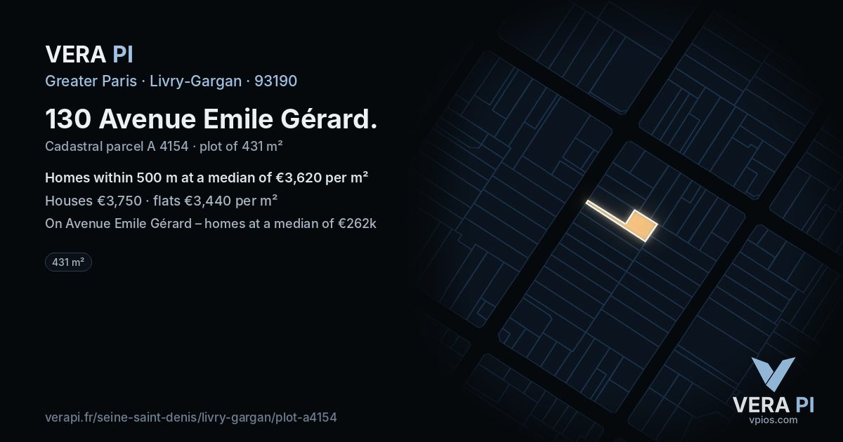 130 Avenue Emile Gérard, Livry-Gargan at night – the plot lit, the parcels around coloured by the prices near them
