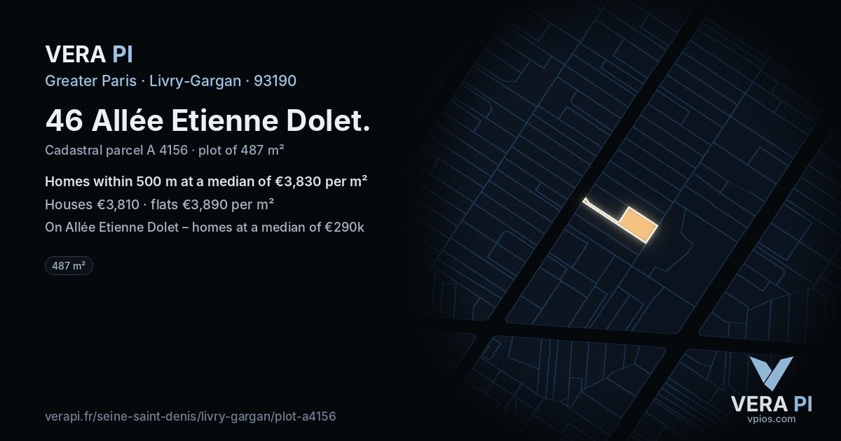 46 Allée Etienne Dolet, Livry-Gargan at night – the plot lit, the parcels around coloured by the prices near them