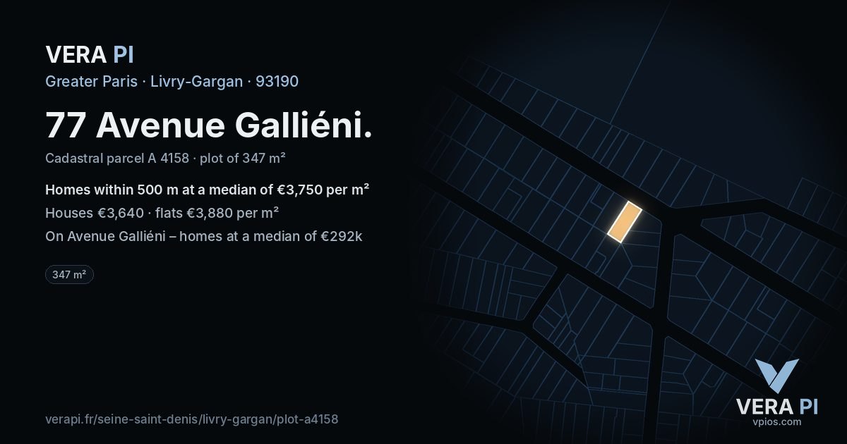 77 Avenue Galliéni, Livry-Gargan at night – the plot lit, the parcels around coloured by the prices near them