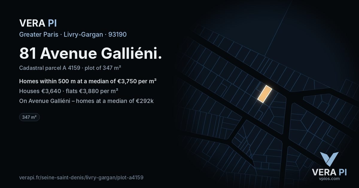 81 Avenue Galliéni, Livry-Gargan at night – the plot lit, the parcels around coloured by the prices near them