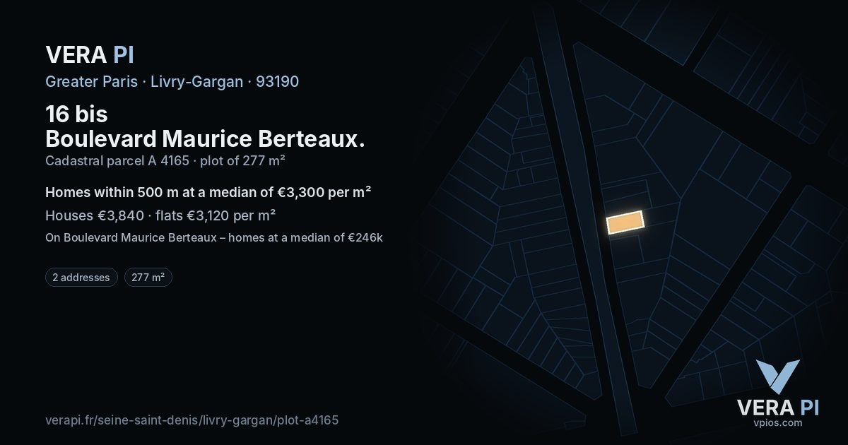 16 bis Boulevard Maurice Berteaux, Livry-Gargan at night – the plot lit, the parcels around coloured by the prices near them