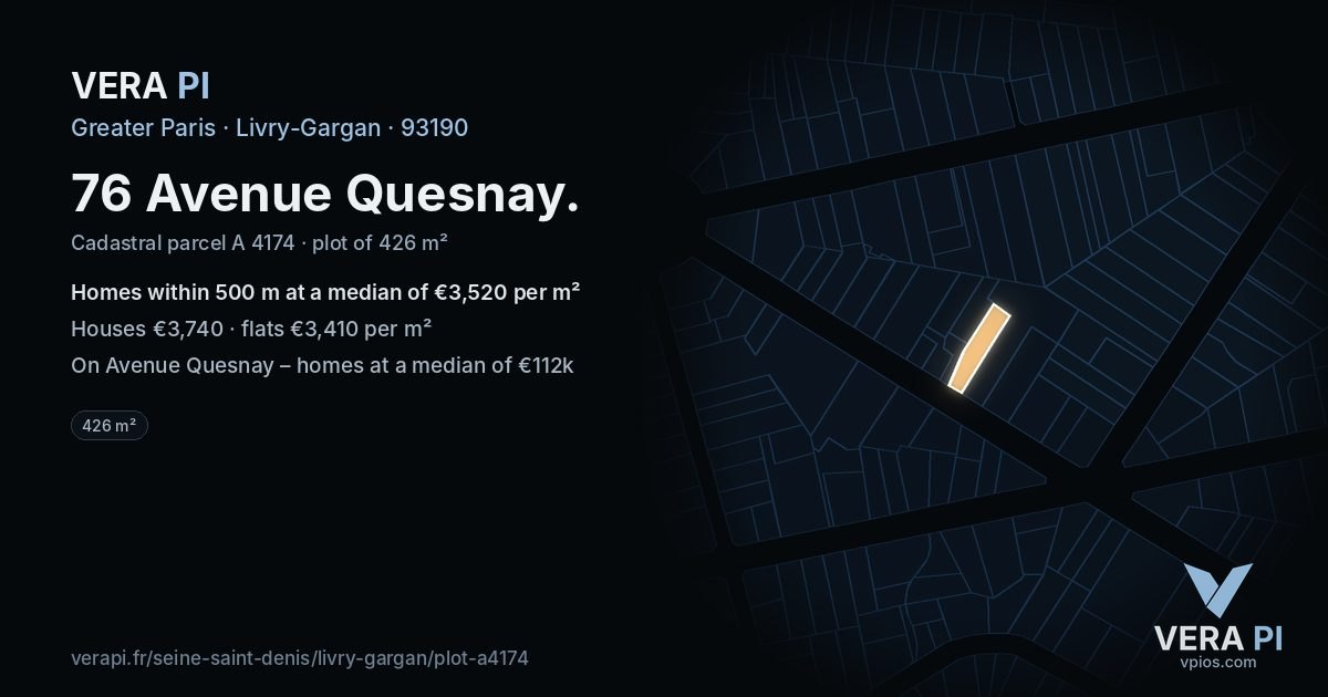 76 Avenue Quesnay, Livry-Gargan at night – the plot lit, the parcels around coloured by the prices near them