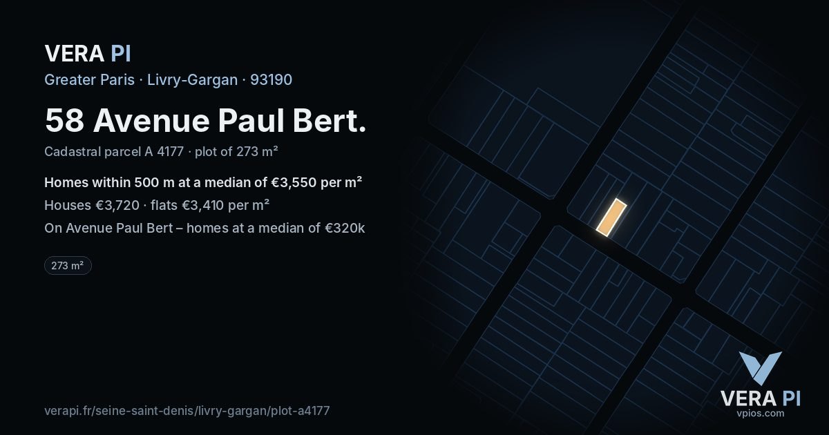 58 Avenue Paul Bert, Livry-Gargan at night – the plot lit, the parcels around coloured by the prices near them