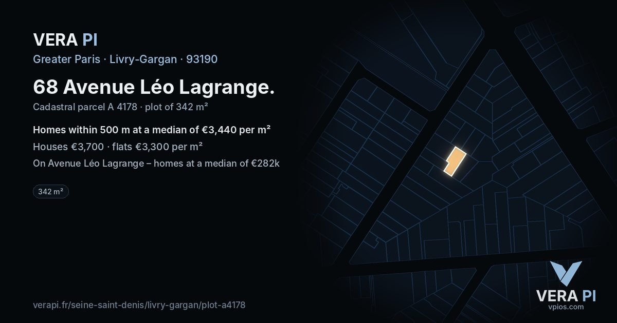 68 Avenue Léo Lagrange, Livry-Gargan at night – the plot lit, the parcels around coloured by the prices near them