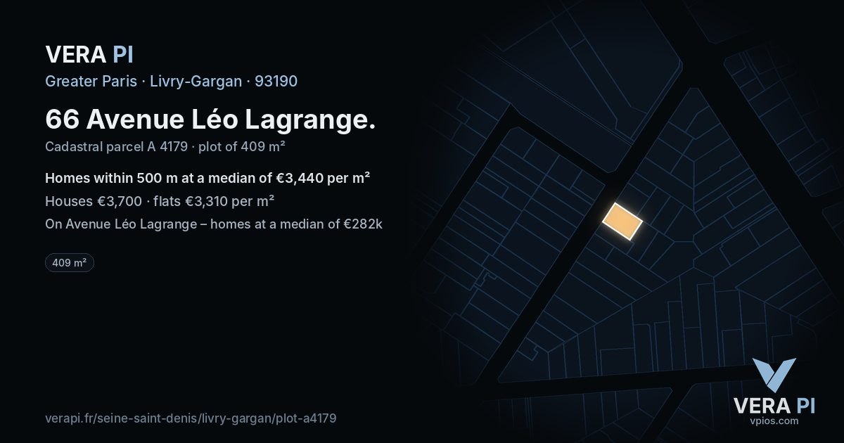 66 Avenue Léo Lagrange, Livry-Gargan at night – the plot lit, the parcels around coloured by the prices near them