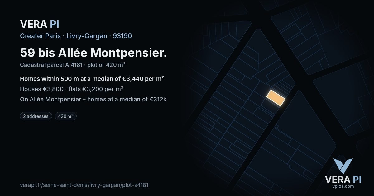 59 bis Allée Montpensier, Livry-Gargan at night – the plot lit, the parcels around coloured by the prices near them