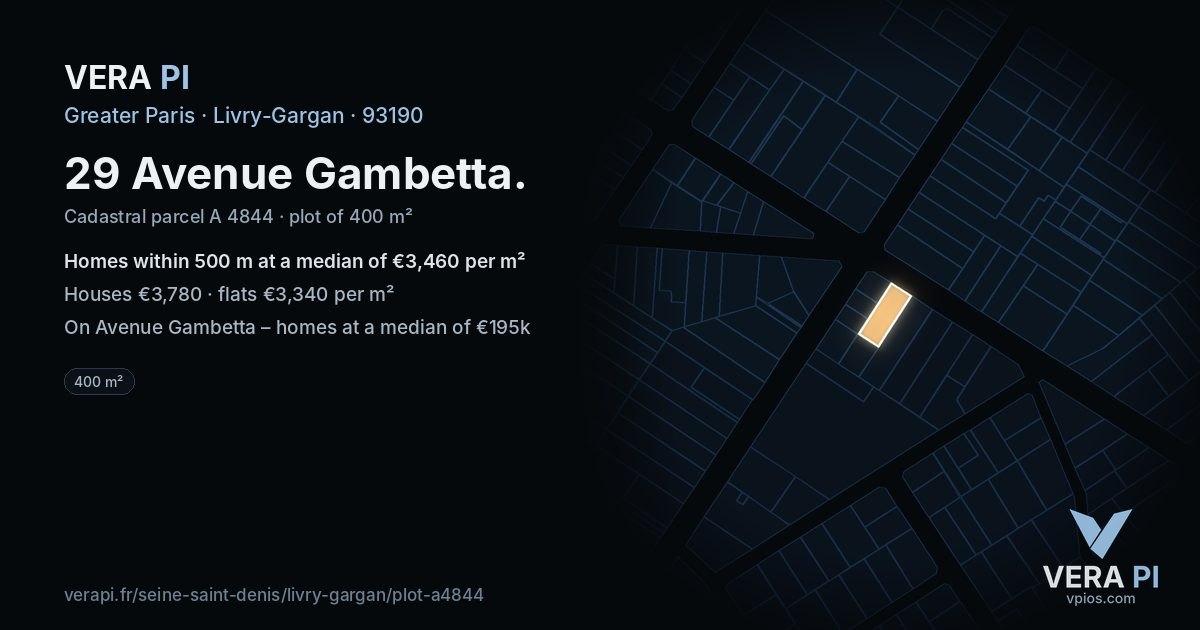 29 Avenue Gambetta, Livry-Gargan at night – the plot lit, the parcels around coloured by the prices near them
