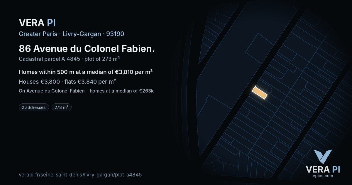 86 Avenue du Colonel Fabien, Livry-Gargan at night – the plot lit, the parcels around coloured by the prices near them