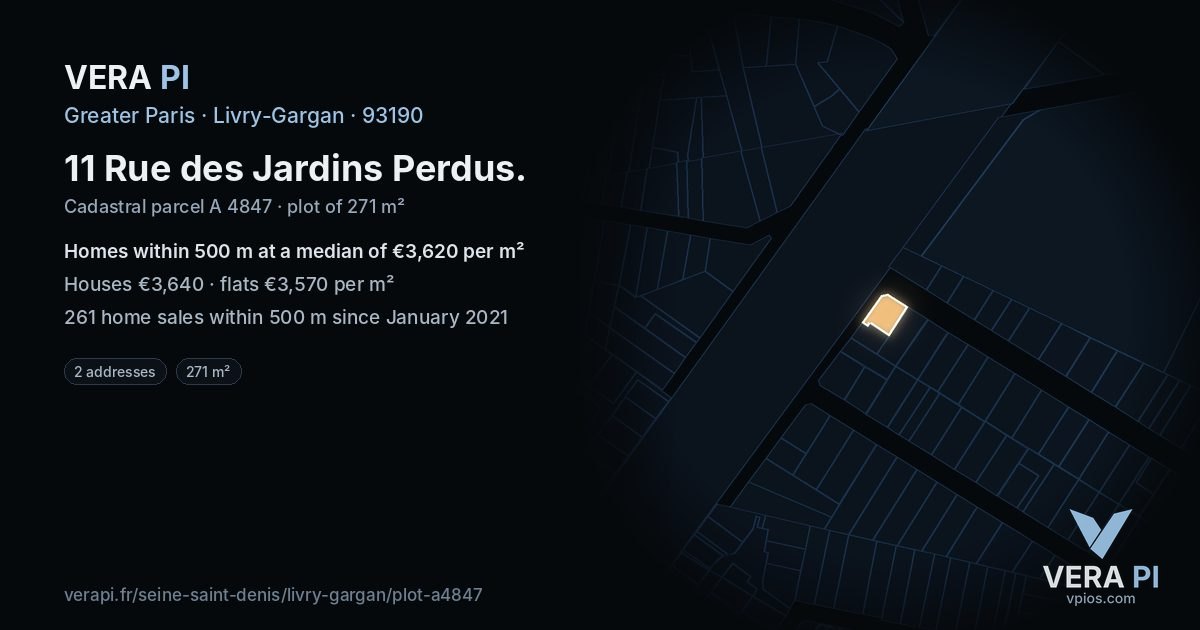 11 Rue des Jardins Perdus, Livry-Gargan at night – the plot lit, the parcels around coloured by the prices near them