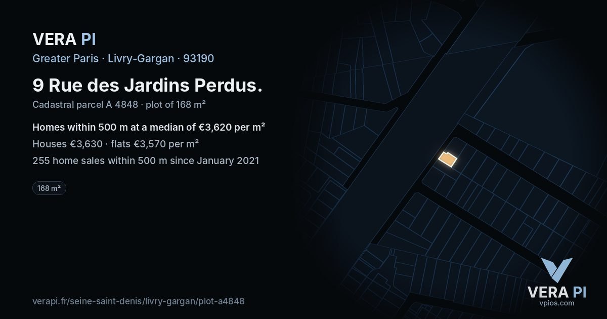 9 Rue des Jardins Perdus, Livry-Gargan at night – the plot lit, the parcels around coloured by the prices near them