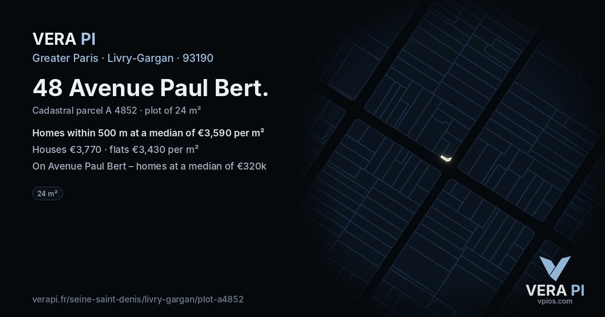 48 Avenue Paul Bert, Livry-Gargan at night – the plot lit, the parcels around coloured by the prices near them