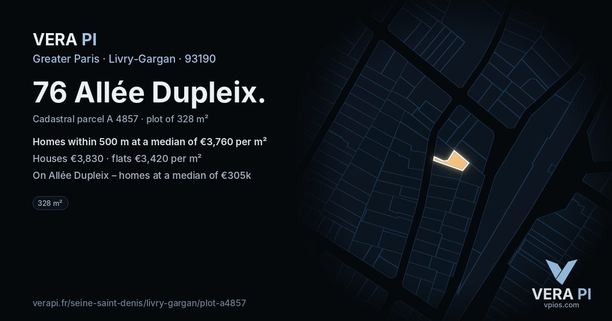 76 Allée Dupleix, Livry-Gargan at night – the plot lit, the parcels around coloured by the prices near them