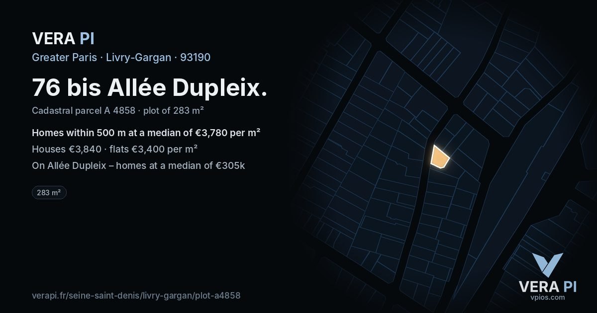 76 bis Allée Dupleix, Livry-Gargan at night – the plot lit, the parcels around coloured by the prices near them