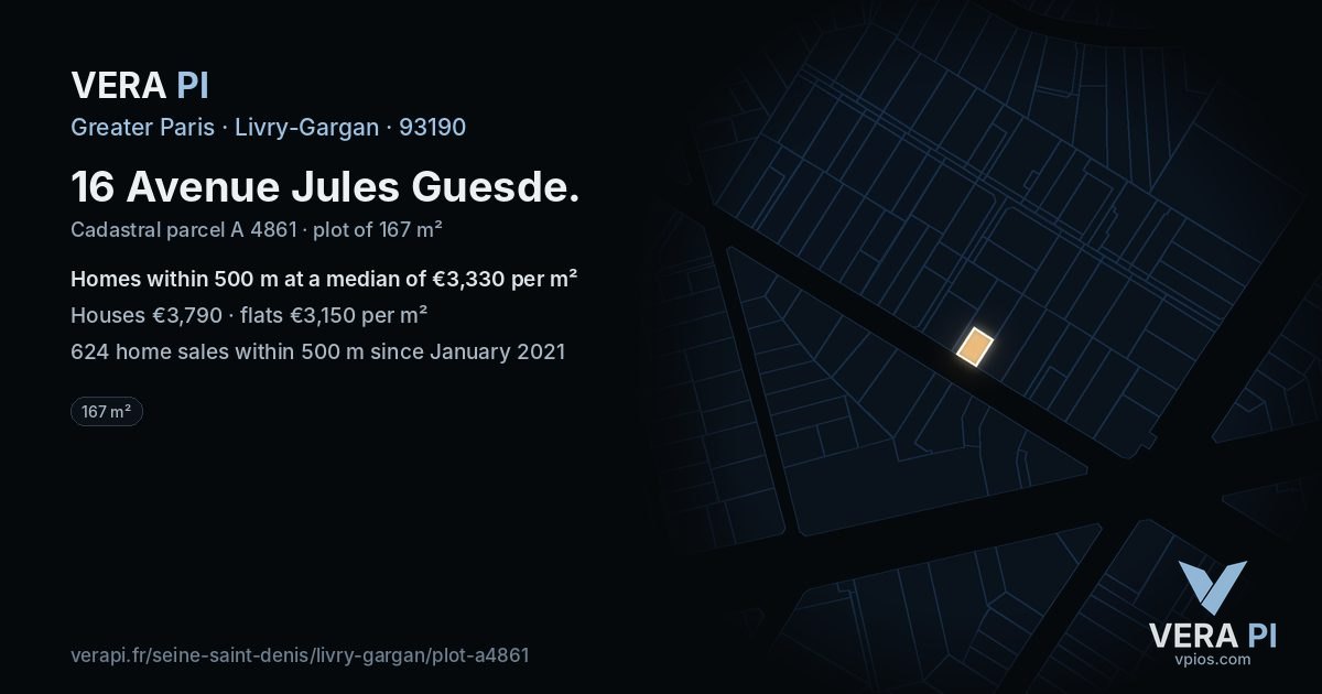 16 Avenue Jules Guesde, Livry-Gargan at night – the plot lit, the parcels around coloured by the prices near them