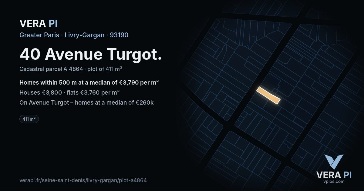 40 Avenue Turgot, Livry-Gargan at night – the plot lit, the parcels around coloured by the prices near them