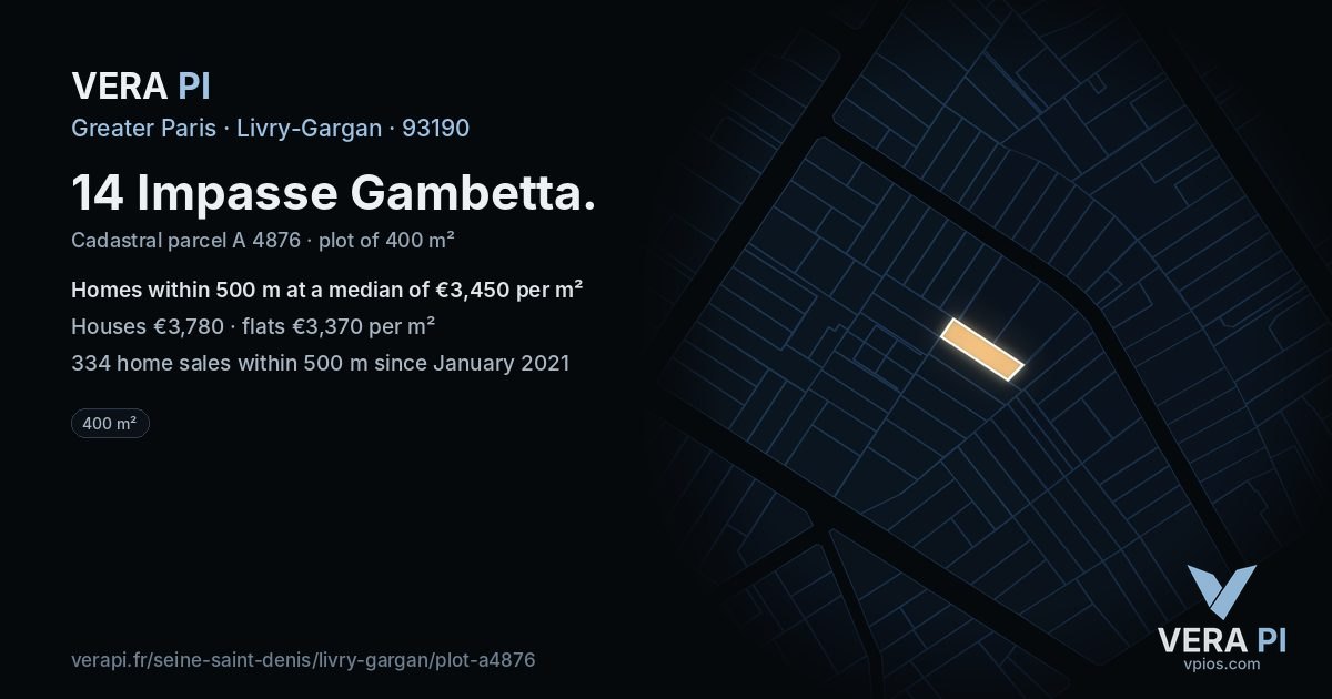 14 Impasse Gambetta, Livry-Gargan at night – the plot lit, the parcels around coloured by the prices near them