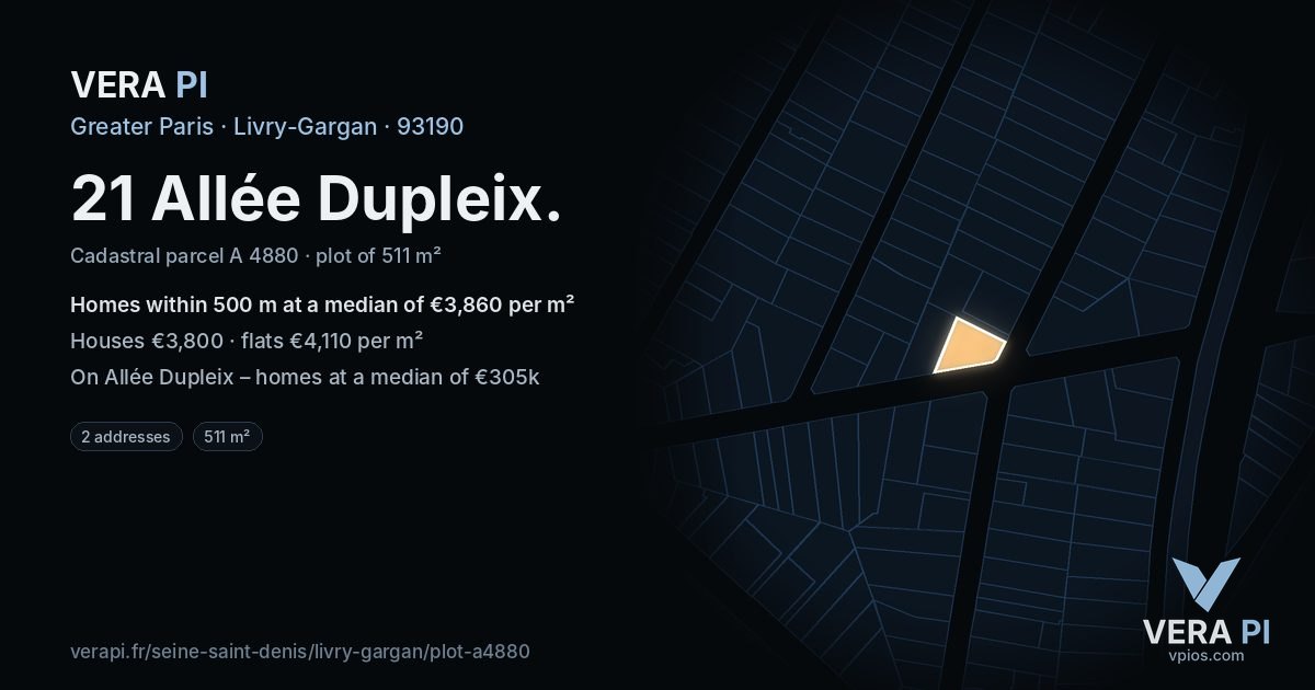 21 Allée Dupleix, Livry-Gargan at night – the plot lit, the parcels around coloured by the prices near them