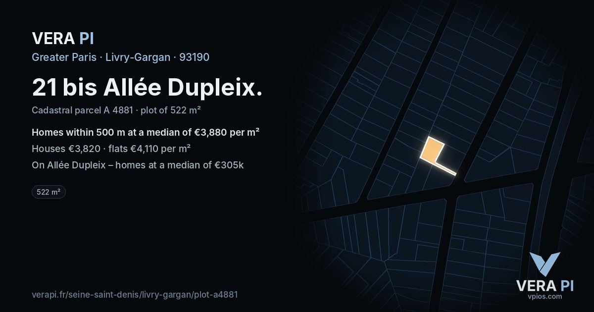 21 bis Allée Dupleix, Livry-Gargan at night – the plot lit, the parcels around coloured by the prices near them