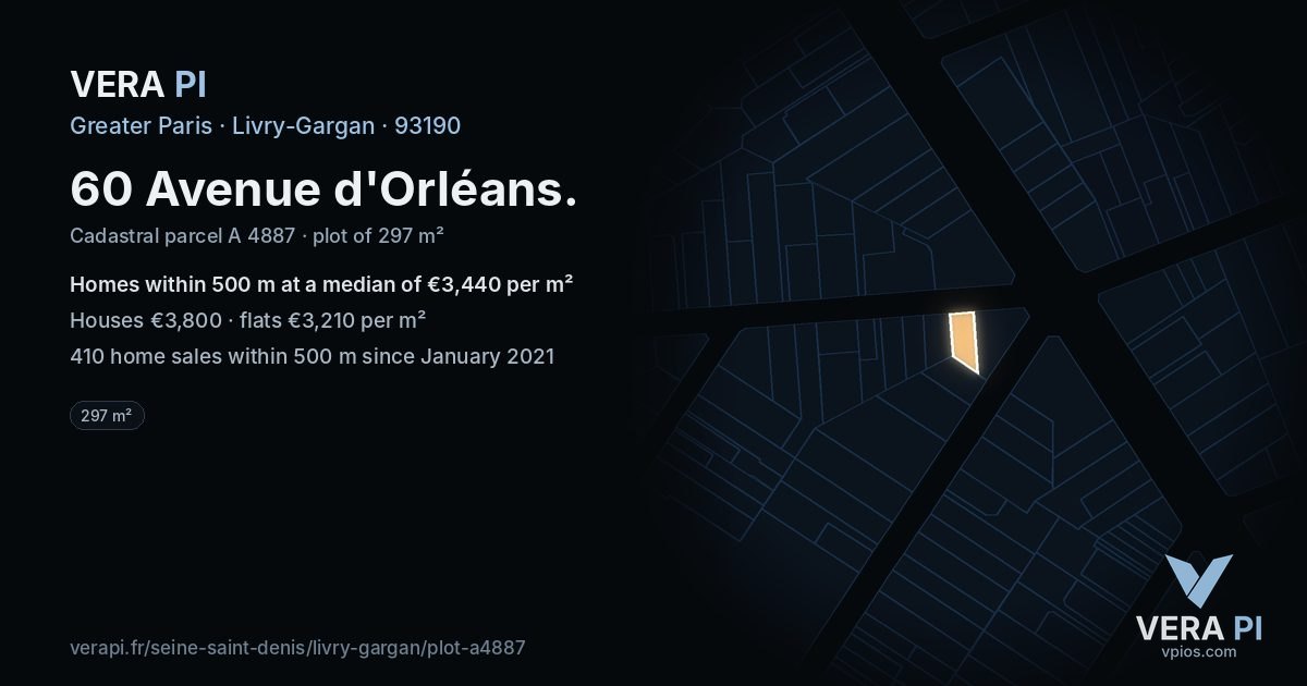 60 Avenue d'Orléans, Livry-Gargan at night – the plot lit, the parcels around coloured by the prices near them