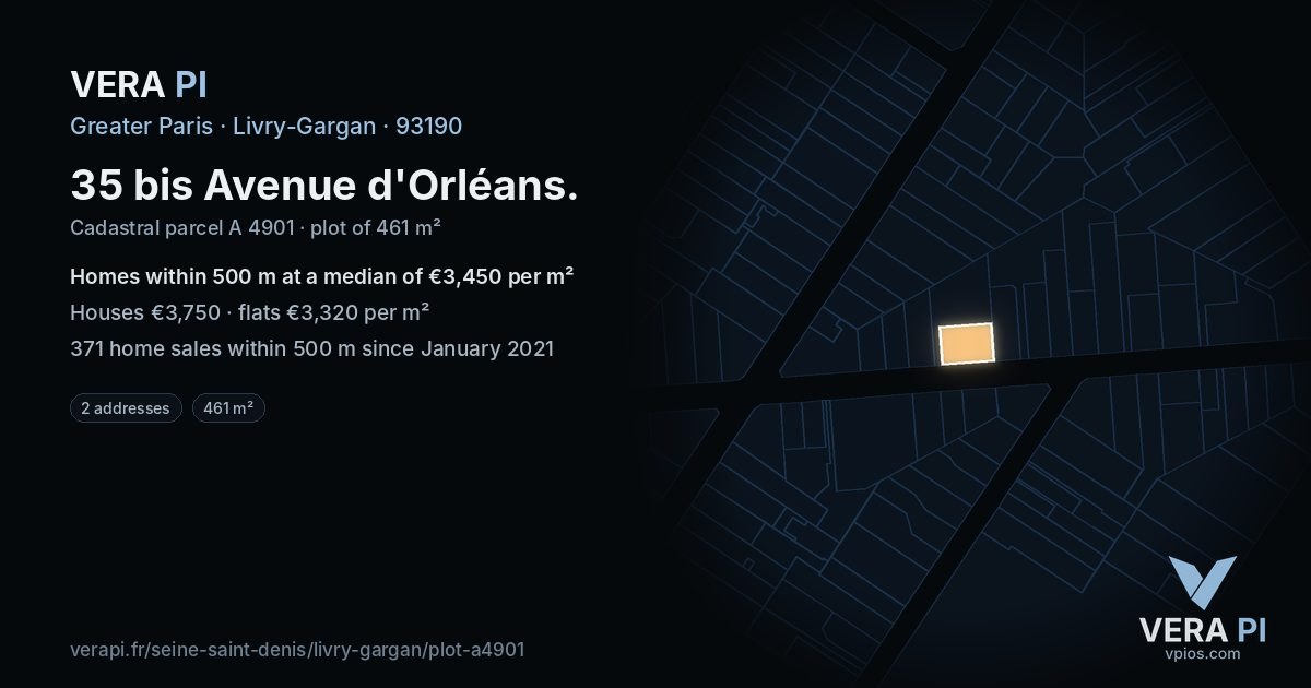 35 bis Avenue d'Orléans, Livry-Gargan at night – the plot lit, the parcels around coloured by the prices near them