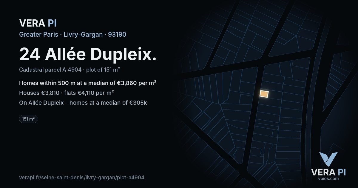 24 Allée Dupleix, Livry-Gargan at night – the plot lit, the parcels around coloured by the prices near them
