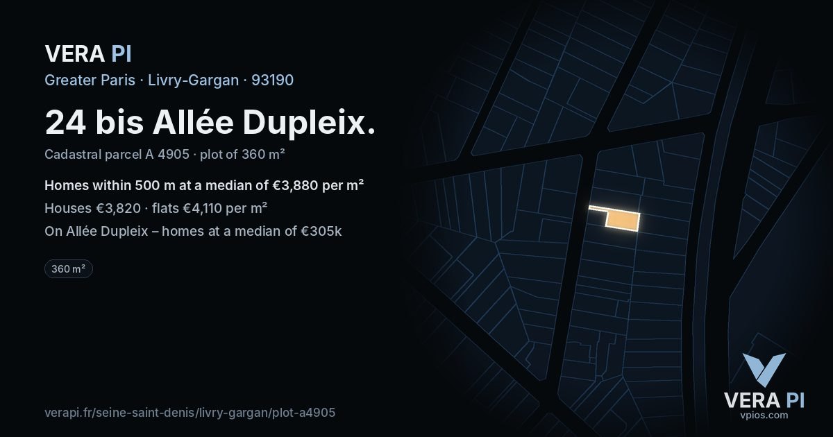 24 bis Allée Dupleix, Livry-Gargan at night – the plot lit, the parcels around coloured by the prices near them