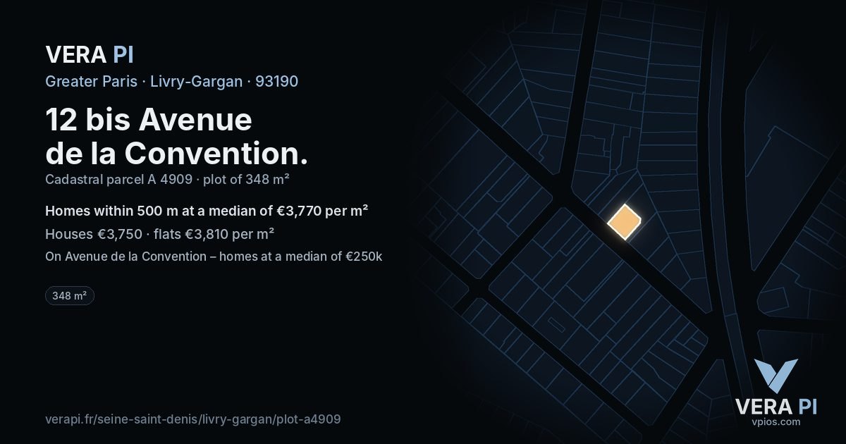 12 bis Avenue de la Convention, Livry-Gargan at night – the plot lit, the parcels around coloured by the prices near them