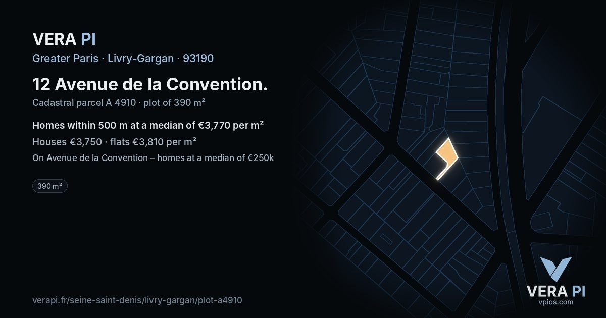 12 Avenue de la Convention, Livry-Gargan at night – the plot lit, the parcels around coloured by the prices near them