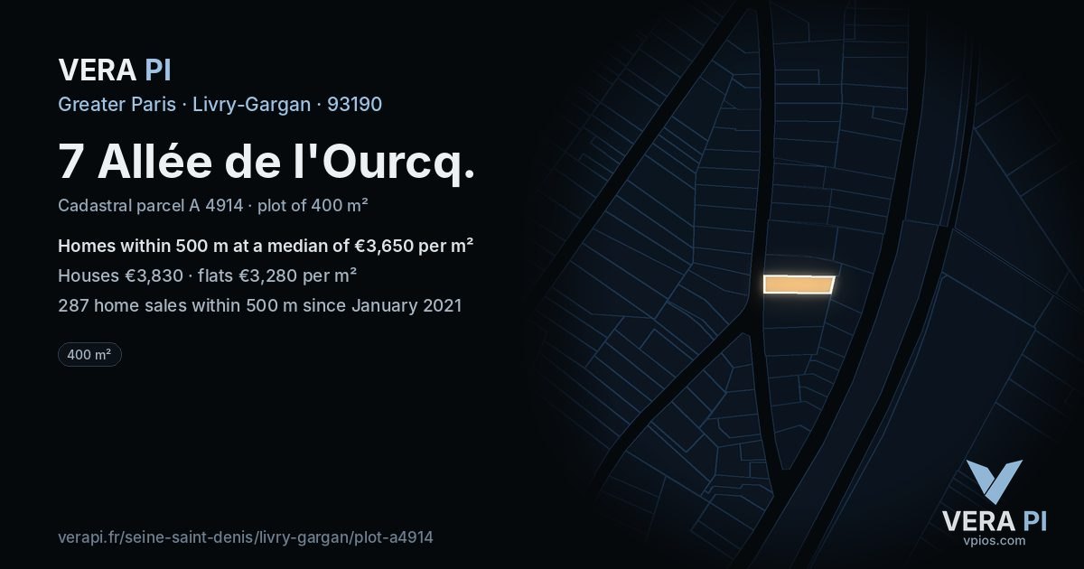 7 Allée de l'Ourcq, Livry-Gargan at night – the plot lit, the parcels around coloured by the prices near them