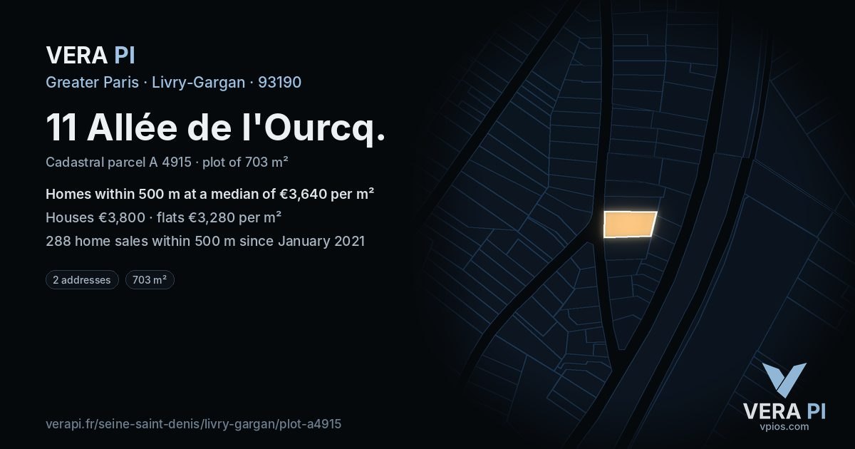11 Allée de l'Ourcq, Livry-Gargan at night – the plot lit, the parcels around coloured by the prices near them