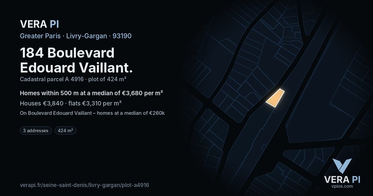 184 Boulevard Edouard Vaillant, Livry-Gargan at night – the plot lit, the parcels around coloured by the prices near them