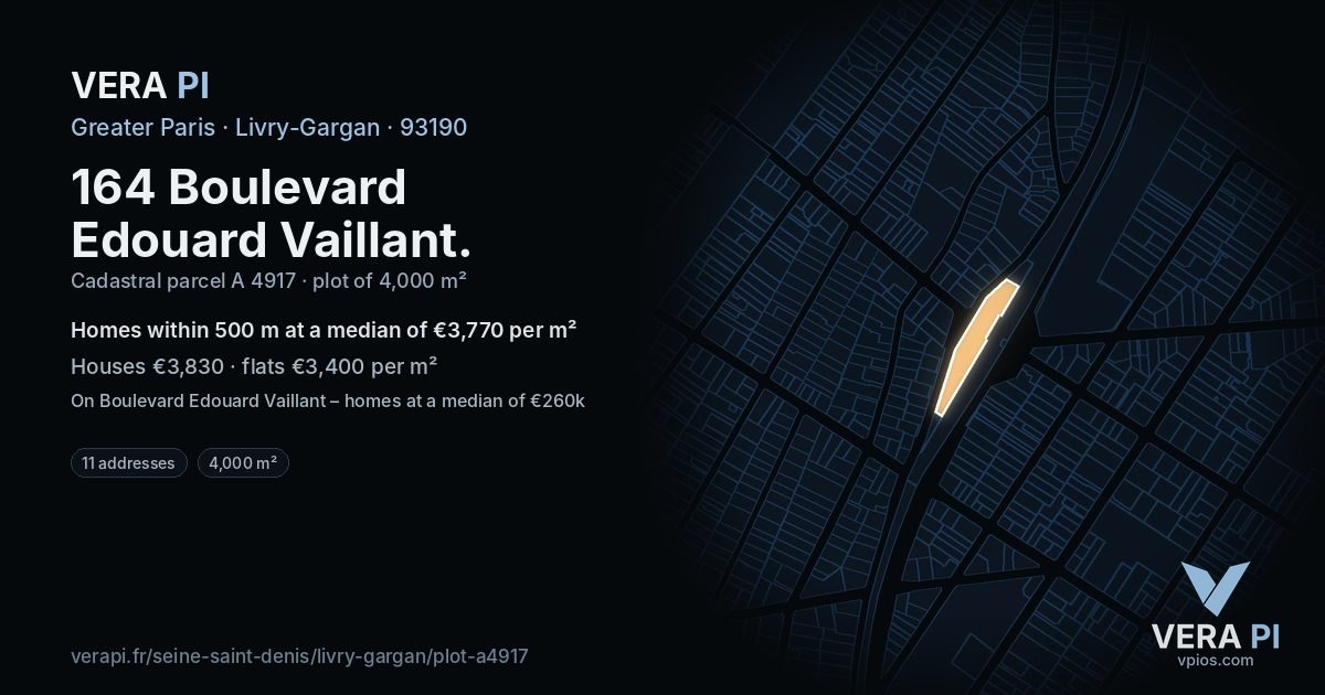 164 Boulevard Edouard Vaillant, Livry-Gargan at night – the plot lit, the parcels around coloured by the prices near them