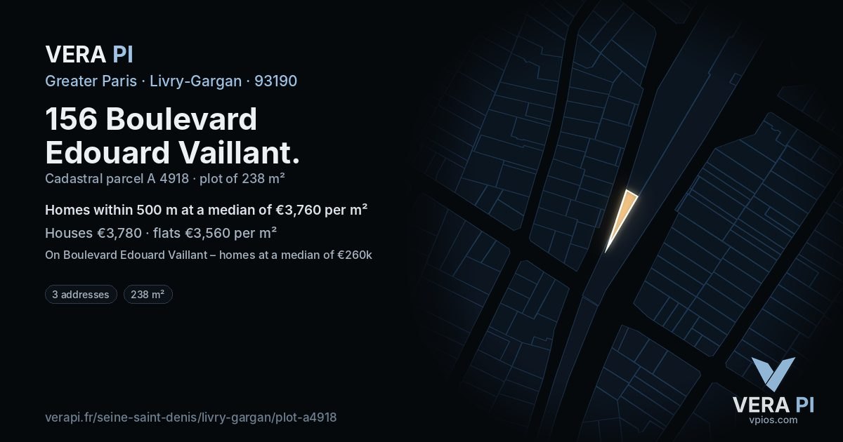 156 Boulevard Edouard Vaillant, Livry-Gargan at night – the plot lit, the parcels around coloured by the prices near them