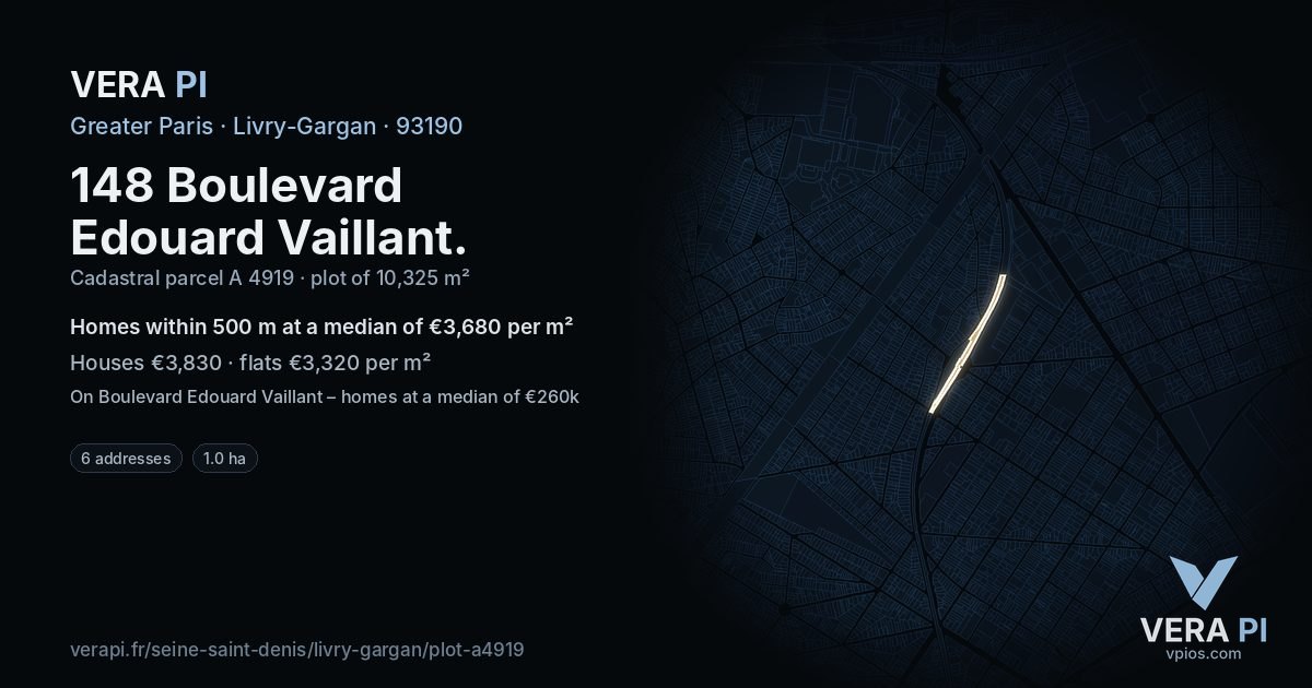 148 Boulevard Edouard Vaillant, Livry-Gargan at night – the plot lit, the parcels around coloured by the prices near them