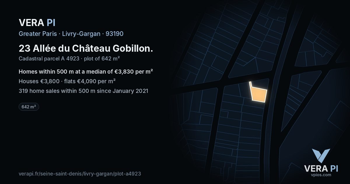 23 Allée du Château Gobillon, Livry-Gargan at night – the plot lit, the parcels around coloured by the prices near them