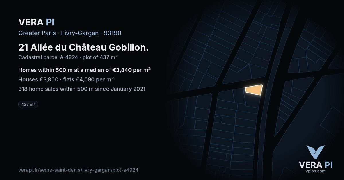 21 Allée du Château Gobillon, Livry-Gargan at night – the plot lit, the parcels around coloured by the prices near them